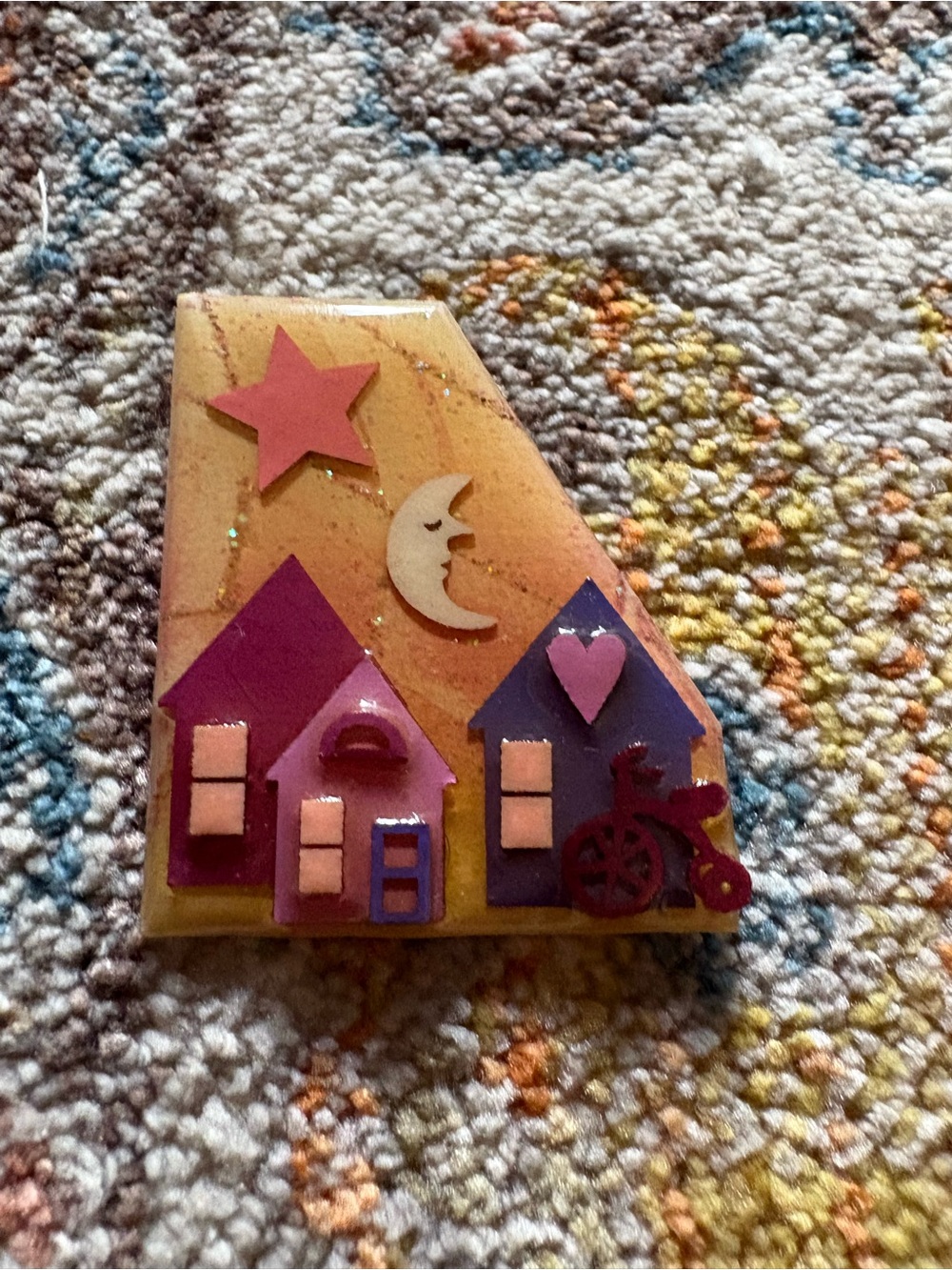 Handmade Pink & Purple House Scene Resin Brooch with Cream Moon